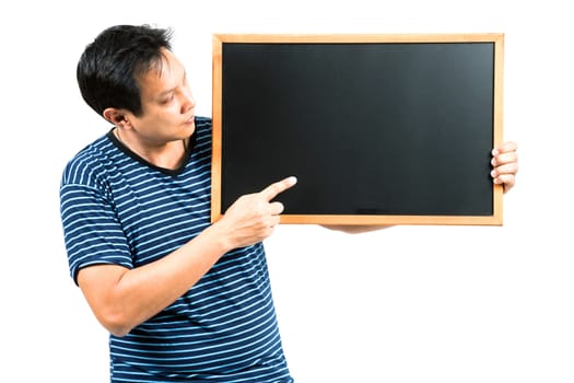 man holding blank banner blackboard