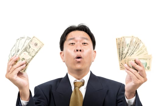 Businessman holding money isolated over white background