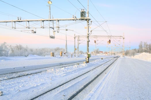 Winter Railroad platform in Kiruna Lapland train station sweden
