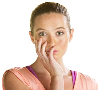 Young woman with blank stare over white background