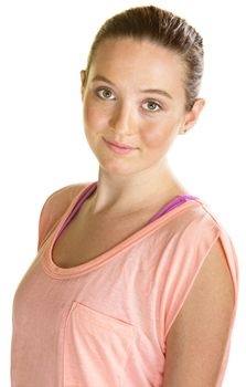 Grinning European female over isolated white background