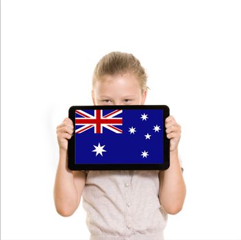 Australian flag on tablet computer held by young girl