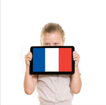 flag of france displayed on tablet computer held by young girl