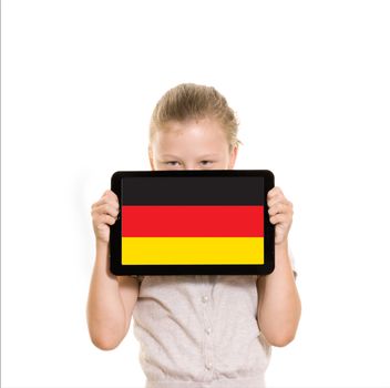 flag of Germany displayed on tablet computer held by young girl