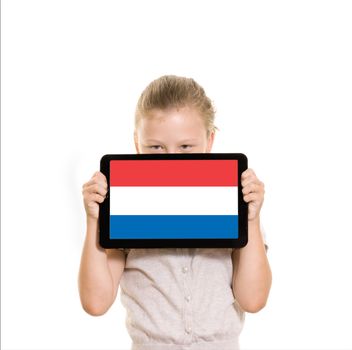 flag of Holland diplayed on tablet computer held by young girl