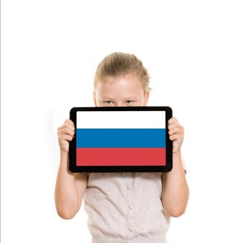 flag of Russia displayed on tablet computer held by young girl