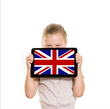 flag of UK displayed on tablet computer held by young girl