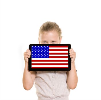 flag of USA displayed on a tablet computer held by young girl