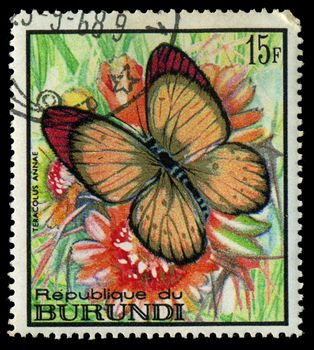 REPUBLIC OF BURUNDI - CIRCA 1968: A stamp printed in Burundi shows a butterfly Teracolus annae, circa 1968