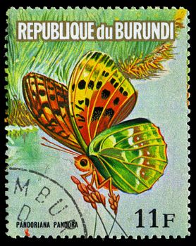 REPUBLIC OF BURUNDI - CIRCA 1974: A stamp printed in Republic of Burundi shows a butterfly Pandoriana Pandora, series, circa 1974