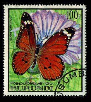  BURUNDI - CIRCA 1968: A stamp printed in Burundi, shows butterfly Danais Chrysippus, series, circa 1968