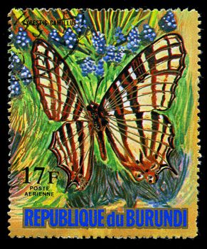 REPUBLIC OF BURUNDI - CIRCA 1974: A stamp printed in Burundi shows a butterfly Cyrestis Camillus, series, circa 1974