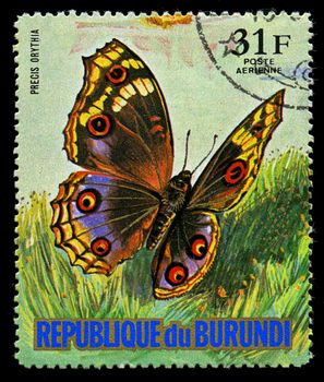 REPUBLIC OF BURUNDI - CIRCA 1974: A stamp printed in Burundi shows a butterfly Precis Orythia, series, circa 1974