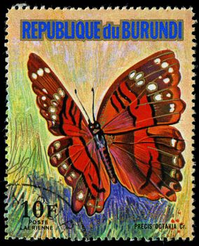 REPUBLIC OF BURUNDI - CIRCA 1974: A stamp printed in Burundi shows a butterfly Precis Octavia Cr., series, circa 1974