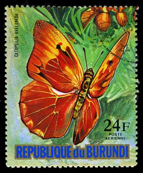 REPUBLIC OF BURUNDI - CIRCA 1974: A stamp printed in Burundi shows a butterfly Catopsilia Avelaneda, series, circa 1974