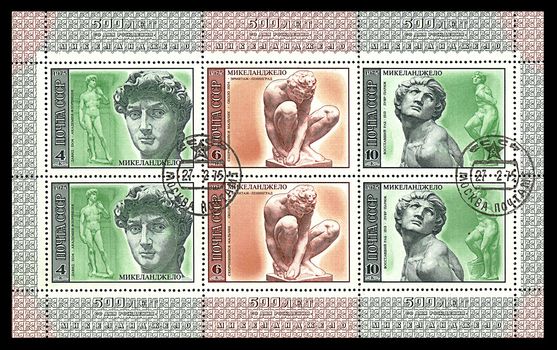 USSR - CIRCA 1975: A stamp printed in USSR shows statues of Michelangelo, circa 1975.