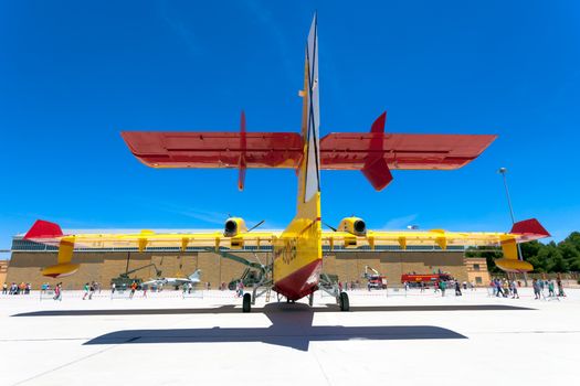 ALBACETE, SPAIN-JUN 23: Seaplane Canadair CL-215 taking part in a static exhibition on the open day of the airbase of Los Llanos on Jun 23, 2013, in Albacete, Spain