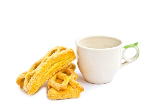 Coffee with assorted flavour pie on white background