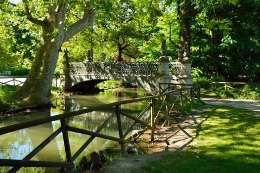 Scenery with pond and bridge in Milan city park