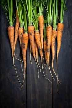 Carrots on wooden table background. Top view
