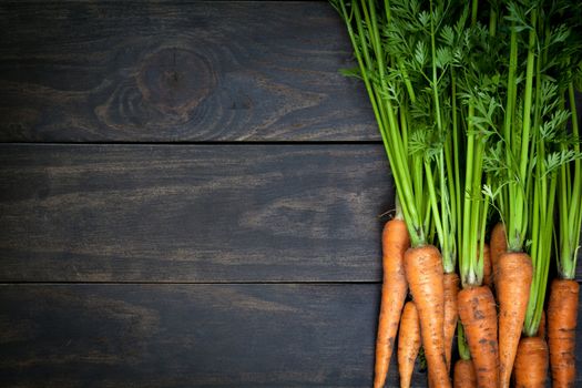 Carrots on wooden table background. Copy space. Top view