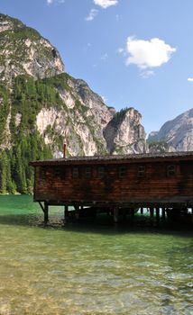 View of lake of braies in italian dolomites