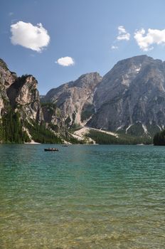 View of lake of braies in italian dolomites