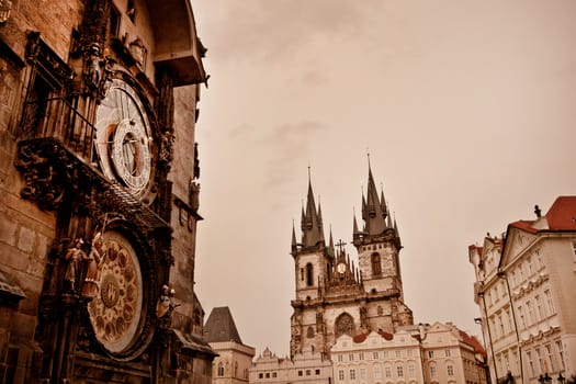 View of the Old Town Square in Prague and the Prague Astronomical Clock, or Prague Orloj, which is mounted on the southern wall of the Old Town City Hall