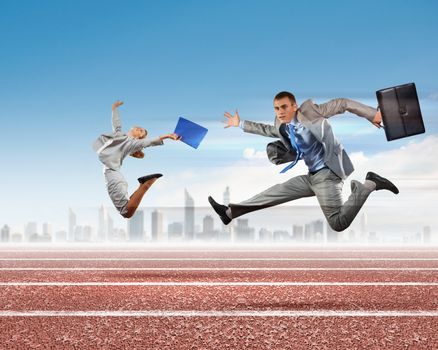 Image of business people running on tracks. Competition concept