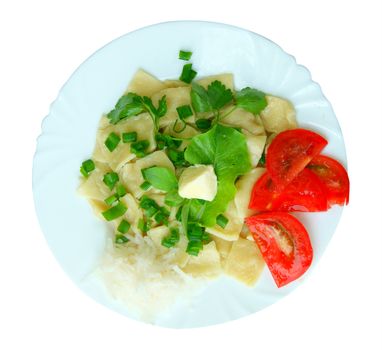 Dumplings with salad on plate on white background