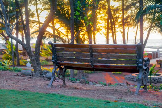Horizontal color landscape of a wooden slat cast iron frame park bench, sunrise, sunset, looking out horizon line of the Arabian Sea  at a tropical garden. Shot location Bombay India