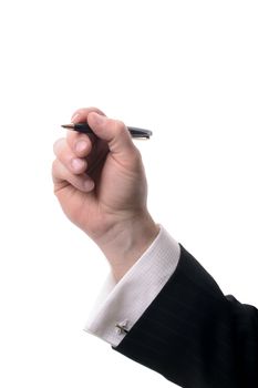 Man in suit holding pen up isolated on white background