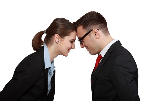  Profile of a happy business couple head in head isolated against a white background.