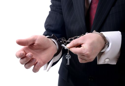 businessman unlocking handcuffs isolated on white background