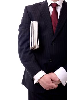 businessman with a group of papers under arm isolated on white