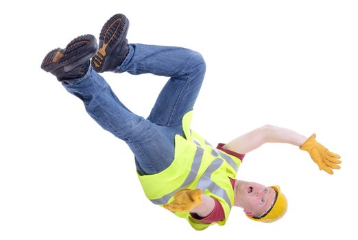 Construction worker falling isolated on white background