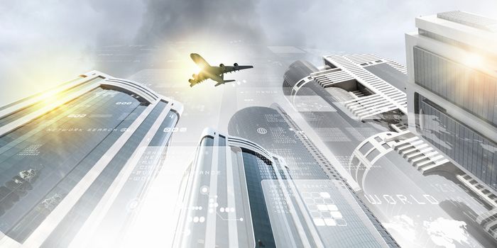 Plane flying above skyscrapers. Business travel concept