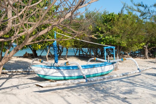 Traditional fishing boats on a beach Gili Trawangan island, Indonesia. 