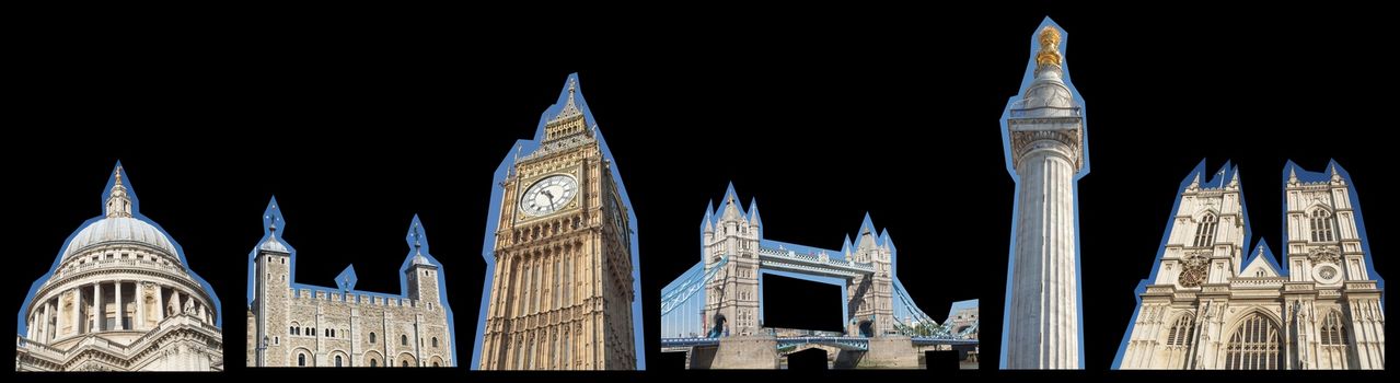London landmarks collage including St Paul Cathedral Tower of London Big Ben Monument Westminster Cathedral