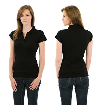 Photo of a young adult female posing with a blank black polo shirt.  Front and back views ready for your artwork or designs.