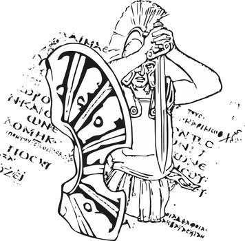 Greek shield of a soldier sparta with the sword. In the background a greek letter.