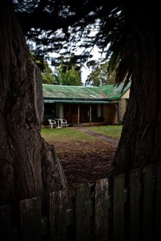 View between two large tree trunks of an old rural farmhouse with chairs on an open front porch and a rusty green corrugated iron roof