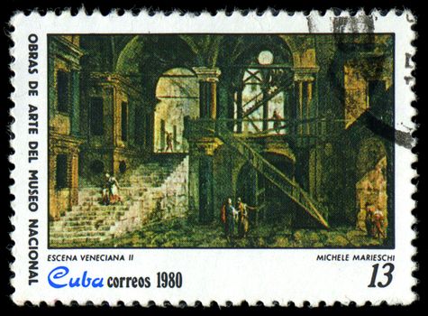 CUBA - CIRCA 1980: A stamp printed in Cuba shows the "Venetial Scene II", by Michele Marieschi, from the series "Paintings in the Natl.Museum", circa 1980