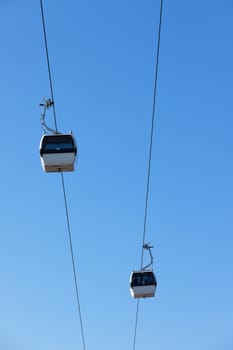 Cable car on blue sky background, in Expo district, Lisbon, Portugal