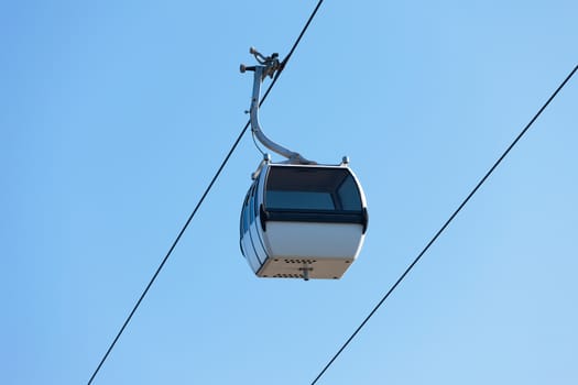 Cable car on blue sky background, in Expo district, Lisbon, Portugal