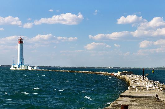 Lighthouse Vorontsovsky in the sea port of Odessa, Ukraine, Black sea.