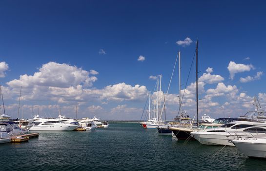 sailboat anchored on the sea port Odessa,Ukraine.