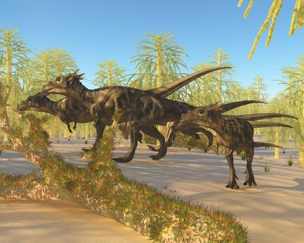 A herd of Dracorex dinosaurs walk through a carboniferous forest in the Cretaceous Era.