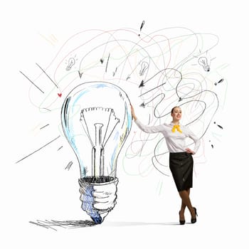 Image of businesswoman leaning on bulb. Idea concept