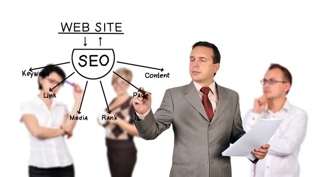 businessman drawing seo scheme on a board invisible